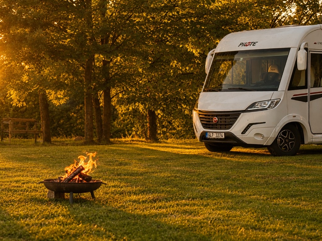 Stellplatz České Švýcarsko — karavan a ohniště na kempu